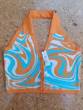 Garage Women's Orange/Aqua/White Crop Polo Halter Top Size XL NWT